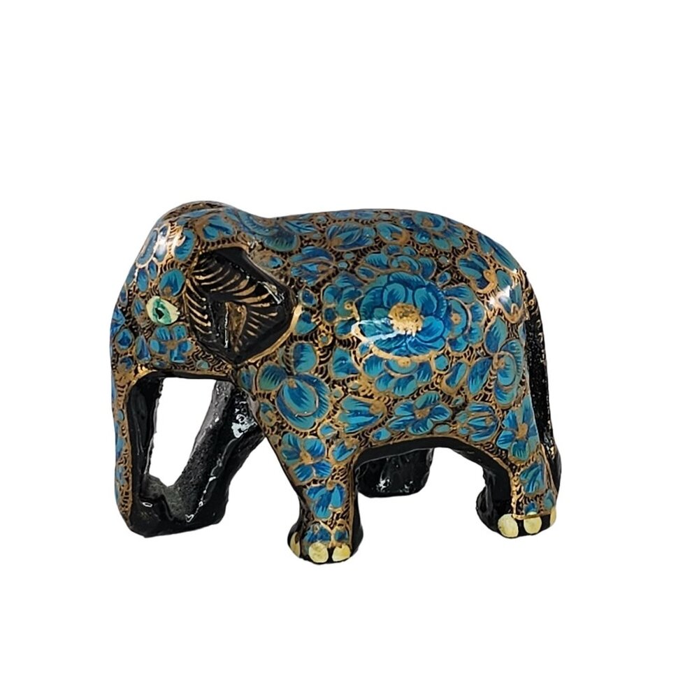 Hand-Painted Paper Mache Wood Elephant Figurine Blue Gold Floral Black 2"